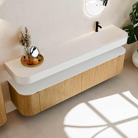MONDIAZ THOR Meuble de salle de bains 200cm arrondi gauche + droite couleur Oak avec 2 tiroirs et 2 portes. Vasque suspendue CLOUD Droite 1 trou de robinet couleur Talc. SW1466936
