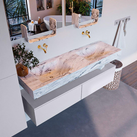 Mondiaz ALAN-DLUX Ensemble de meuble - 150cm - meuble Cale mat - 2 tiroirs - Lavabo Cloud Glace suspendu - vasque Gauche et droite - 0 trous de robinet SW805875