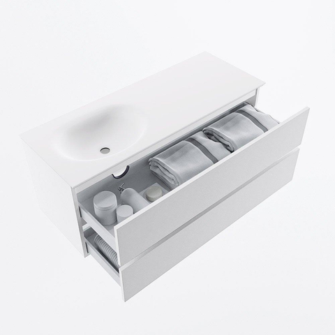 MONDIAZ VICA Meuble de salle de bains 120cm sous-meuble Talc 2 tiroirs. Lavabo MOON gauche sans trou de robinet, couleur Talc. SW1381922