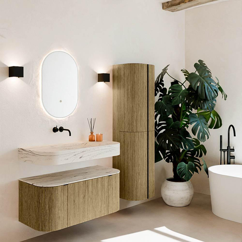 MONDIAZ THOR-DLUX 100cm meuble de salle de bains arrondi gauche + droite couleur Dusk avec 1 tiroir et 2 portes. Vasque suspendue CLOUD Milieu sans trou de robinet couleur Nata. SW1467508