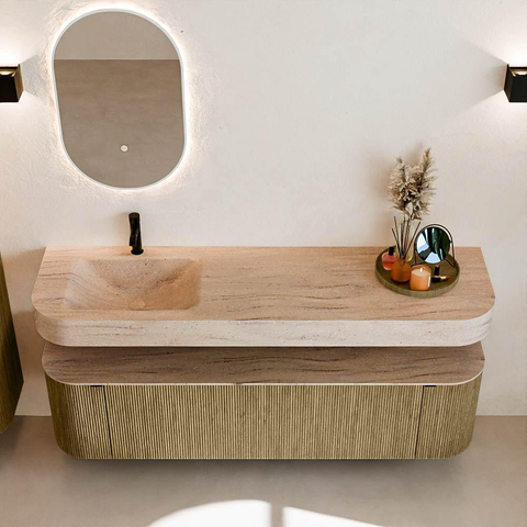MONDIAZ THOR-DLUX 170cm meuble de salle de bains arrondi gauche + droite couleur Dusk avec 1 tiroir et 2 portes. Vasque suspendue CLOUD gauche 1 trou de robinet couleur Saba. SW1465722
