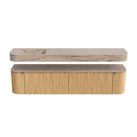 MONDIAZ THOR-DLUX 200cm meuble de salle de bains arrondi gauche + droite couleur Oak avec 2 tiroirs et 2 portes. Vasque suspendue CLOUD gauche sans trou de robinet couleur Arena. SW1467060