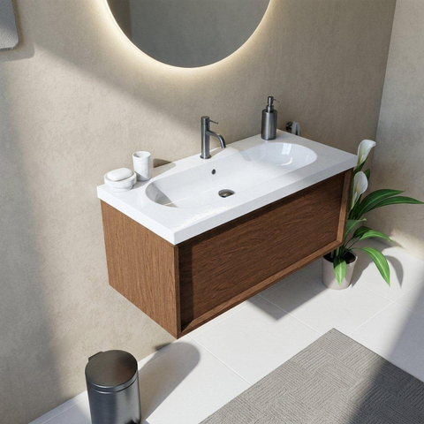Saniclass Holz Frame Ensemble meuble de salle de bains - 100x45x43.5cm - lavabo Palermo en céramique blanc - 1 vasque - 1 trou de robinet - 1 tiroir - walnut pure mat (bois) SW1478617