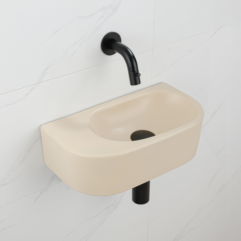 QeramiQ Fuente fonteinset – halfrond – 40x21.5x12 cm – keramiek beige – zonder kraangat – mat zwarte kraan SW1233085