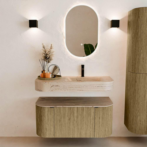 MONDIAZ THOR-DLUX 100cm meuble de salle de bains arrondi gauche + droite couleur Dusk avec 1 tiroir et 2 portes. Vasque suspendue CLOUD Droite 1 trou de robinet couleur Arena. SW1467457