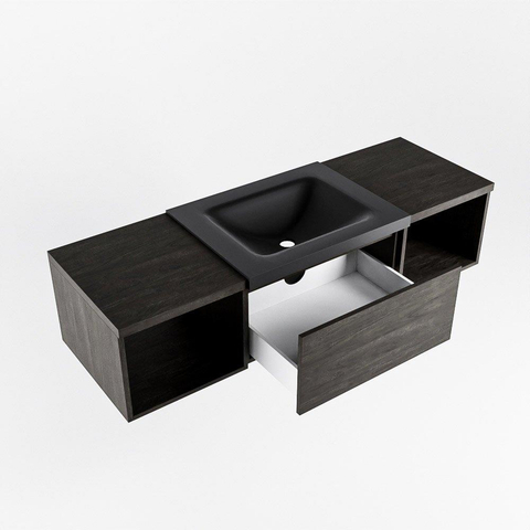 MONDIAZ BUKLA 140cm ensemble de meuble avec module ouvert 40 L+R couleur Marron Foncé avec 1 tiroir. Lavabo CLOUD centre 1 trou de robinet couleur Urban. SW1382129