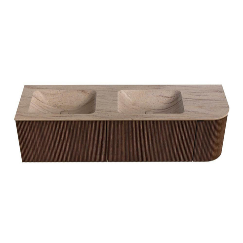 MONDIAZ KURVE-DLUX 155cm badmeubel ronding Rechts kleur Walnut met 2 lades en 1 deur. Wastafel LEAF Dubbel / Links zonder kraangat Saba. SW1433210