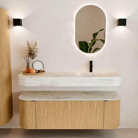 MONDIAZ THOR-DLUX 140cm meuble de salle de bains arrondi gauche + droite couleur Oak avec 1 tiroir et 2 portes. Vasque suspendue CLOUD Droite 1 trou de robinet couleur Ostra. SW1463947