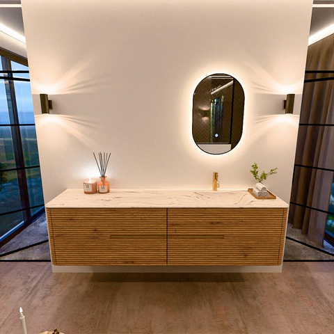 Mondiaz CIRO-DLUX Meuble de salle de bains - 190x45x50cm - Plan vasque solid surface Nata - 1 lavabo à droite - 1 trou de robinetterie - 4 tiroirs - Chêne SW1531480