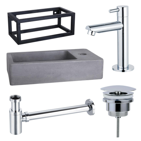Fortifura Fuente Pack Lave-mains - 40x22x23.5cm - 1 trou de robinet - cadre noir - robinet Chrome - Béton SW1111516