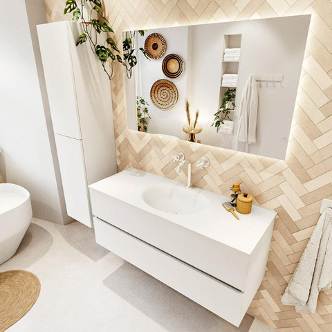 MONDIAZ VICA meuble sous lavabo 120cm Talc 2 tiroirs. Lavabo MOON centre 1 trou de robinet, couleur Talc. SW1381917