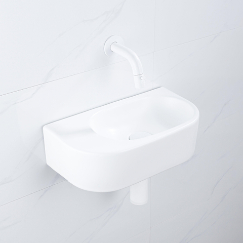 QeramiQ Fuente pack lave-mains – demi-rond – 40 x 21,5 x 12 cm – céramique blanc mat – sans perçage – robinet blanc mat SW1233091