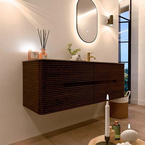 Mondiaz CIRO-DLUX Badkamermeubelset - 140x45x50cm - Solid surface wastafel Oza - 1 wasbak Rechts - 1 kraangat - 4 lades - Walnut SW1530625
