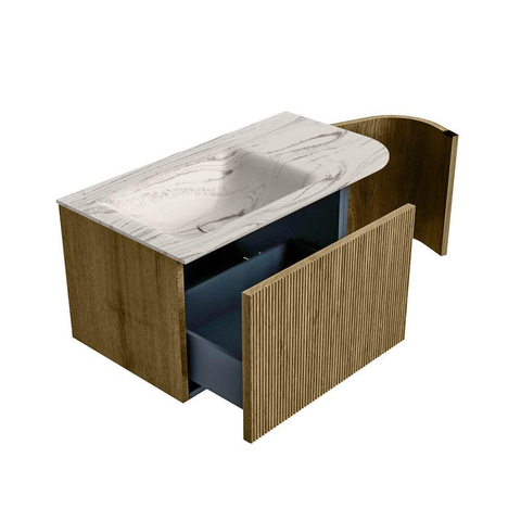 MONDIAZ KURVE-DLUX 85cm badmeubel ronding Rechts kleur Dusk met 1 lade en 1 deur. Wastafel CLOUD Links zonder kraangat Nata. SW1432356