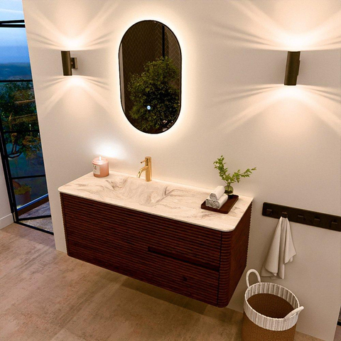 Mondiaz CIRO-DLUX Meuble de salle de bains - 120x45x50cm - Plan vasque solid surface Frappe - 1 lavabo à gauche - 1 trou de robinet - 2 tiroirs - Ruby SW1531289