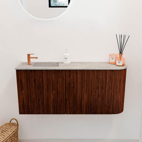 Mondiaz JOYA-DLUX 91.6cm toiletmeubel - ronding rechts kleur Ruby - Wastafel FAYE positie Links 1 kraangat kleur Glace. SW1423570
