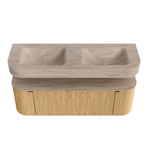 MONDIAZ THOR-DLUX 140cm badmeubel ronding links + rechts kleur Oak met 1 lade en 2 deuren. Vrijhangende wastafel CLOUD Dubbel 2 kraangaten kleur Saba. SW1464305