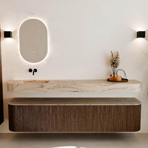MONDIAZ THOR-DLUX 200cm meuble de salle de bains arrondi gauche + droite couleur Walnut avec 2 tiroirs et 2 portes. Vasque suspendue CLOUD Gauche sans trou de robinet couleur Arena. SW1467071