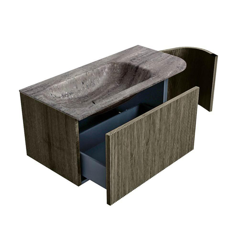 MONDIAZ KURVE-DLUX meuble de salle de bains 95cm courbure droite couleur Shadow avec 1 tiroir et 1 porte. Vasque BIG SMALL gauche sans trou de robinetterie Oza. SW1432861