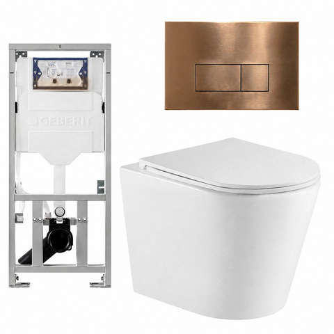 QeramiQ Dely Pack WC cuvette sans bride 36.3x51.7cm avec bâti-support Geberit UP320 abattant WC blanc mat frein de chute et plaque de commande Cuivre boutons Rectangulaires SW804611