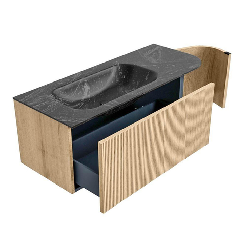 MONDIAZ KURVE-DLUX Meuble de salle de bains 115 cm avec module 25 R couleur Oak avec 1 tiroir et 1 porte. Lavabo BIG SMALL gauche sans trou de robinet couleur Lava. SW1138170
