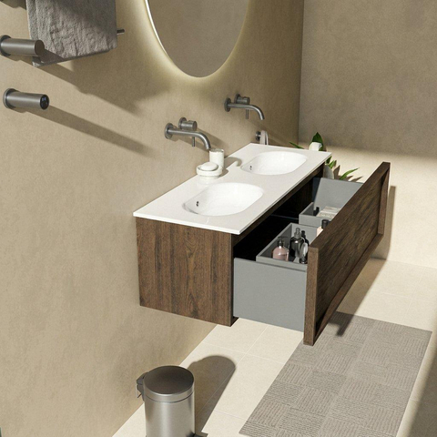 Saniclass Holz Frame Ensemble meuble de salle de bains - 120x45x54cm - lavabo Chaci en céramique blanc - 2 vasques - sans trous de robinetterie - 1 tiroir - chêne charcoal mat (bois) SW1478243