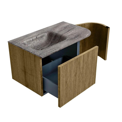 MONDIAZ KURVE-DLUX 75cm badmeubel ronding Rechts kleur Dusk met 1 lade en 1 deur. Wastafel GRUNNE Links 1 kraangat Oza. SW1434042