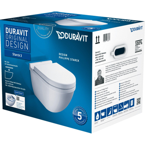 Duravit Starck 3 Wandclosetpack - met wandcloset - diepspoel - rimless - met verdekte bevestiging - 36x54cm - met softc - softclose - glans wit SW70150