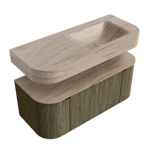 MONDIAZ THOR-DLUX 110cm meuble de salle de bains arrondi gauche + droite couleur Shadow avec 1 tiroir et 2 portes. Vasque suspendue CLOUD Droite 1 trou de robinet couleur Saba. SW1463012