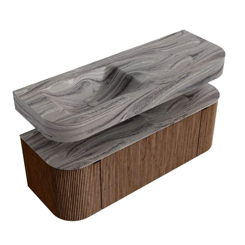 MONDIAZ THOR-DLUX 130cm badmeubel ronding links + rechts kleur Walnut met 1 lade en 2 deuren. Vrijhangende wastafel CLOUD Links zonder kraangat kleur Sombra. SW1464054