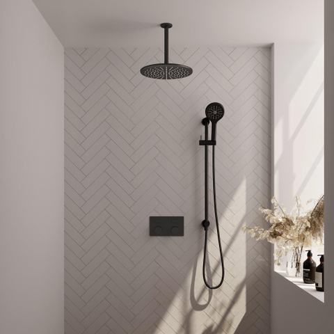 BRAUER Black Carving Douche de pluie thermostatique encastrée - boutons-poussoirs - SET 72 - douche de tête 30cm - bras de plafond - douchette 3 jets - flexible de douche - barre de douche intégrée - noir mat SW925408