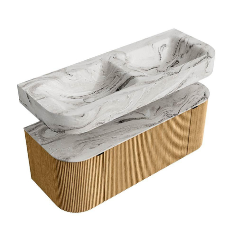 MONDIAZ THOR-DLUX Meuble de salle de bains 120cm arrondi gauche + droite couleur Oak avec 1 tiroir et 2 portes. Vasque suspendue CLOUD Double 2 trous de robinet couleur Glace. SW1463086