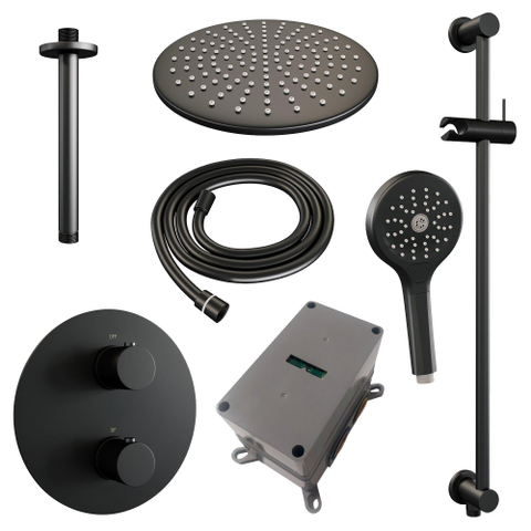 BRAUER Black Edition ensemble de douche pluie encastré – douche de tête Ø 30 cm – bras de plafond 30 cm – douchette ronde – 3 voies – barre de douche SW1159247