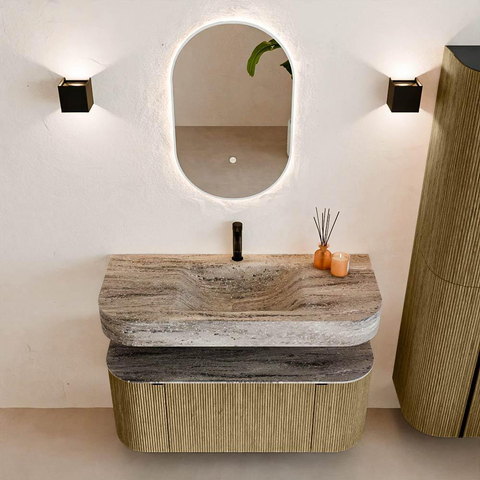 MONDIAZ THOR-DLUX 110cm meuble de salle de bains arrondi gauche + droite couleur Dusk avec 1 tiroir et 2 portes. Vasque suspendue CLOUD Milieu 1 trou de robinet couleur Oza. SW1463027