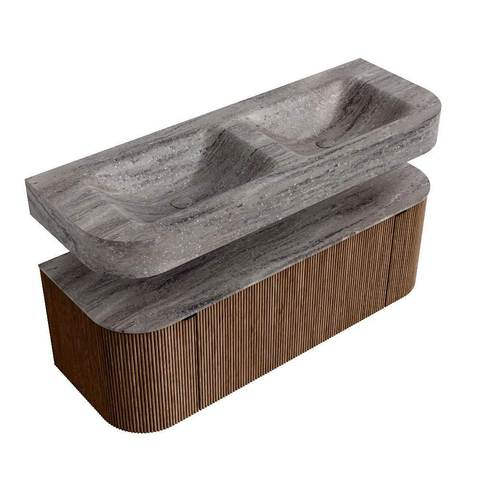 MONDIAZ THOR-DLUX 130cm meuble de salle de bains arrondi gauche + droite couleur Walnut avec 1 tiroir et 2 portes. Vasque suspendue CLOUD Double sans trou de robinet couleur Oza. SW1463997