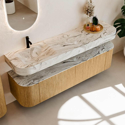 MONDIAZ THOR-DLUX Meuble de salle de bains 180cm arrondi gauche + droite couleur Oak avec 2 tiroirs et 2 portes. Vasque suspendue CLOUD Gauche 1 trou de robinet couleur Glace. SW1465888