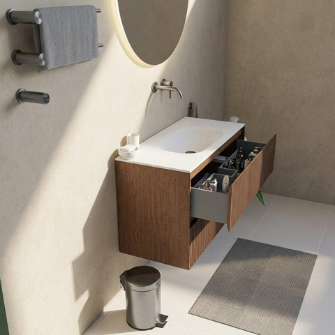 Saniclass Holz Atelier Ensemble de meubles de salle de bains - 100x45x61.5cm - Vasque Flow en Solid Surface blanche - 1 vasque - sans trou de robinet - 2 tiroirs - walnut pure mat (bois) SW1478395