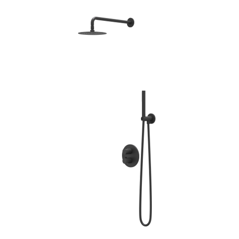 IVY Pact Ensemble de douche pluie - encastré - inverseur d’arrêt 2 voies - bras de plafond 30 cm - douche de tête mince ronde 25 cm - support avec sortie - flexible de douche 150 cm - douchette à main satin spray - Noir mat PED SW1035477