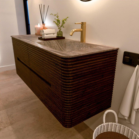 Mondiaz CIRO-DLUX Ensemble de meubles de salle de bains - 130x45x50cm - Plan vasque solid surface Oza - 1 vasque à droite - 1 trou de robinet - 4 tiroirs - Noyer SW1530648