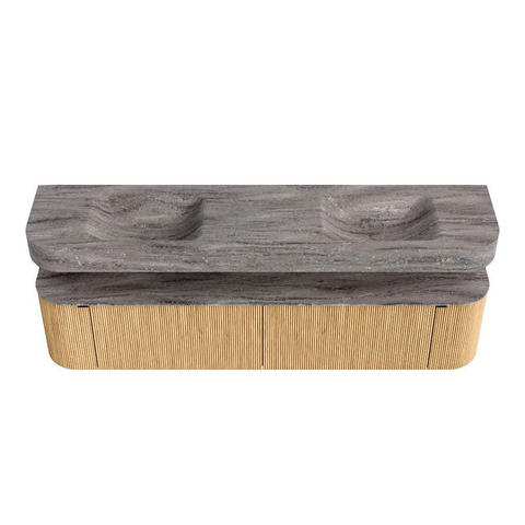MONDIAZ THOR-DLUX 200cm meuble de salle de bains arrondi gauche + droite couleur Oak avec 2 tiroirs et 2 portes. Vasque suspendue CLOUD Double 2 trous de robinet couleur Oza. SW1467183