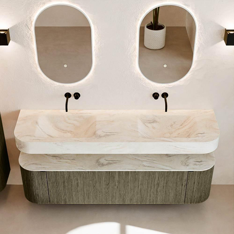 MONDIAZ THOR-DLUX Meuble de salle de bains - 170cm - arrondi gauche + droite - couleur Shadow - 1 tiroir - 2 portes - Vasque suspendue CLOUD Double sans trou de robinet - couleur Ostra SW1465534