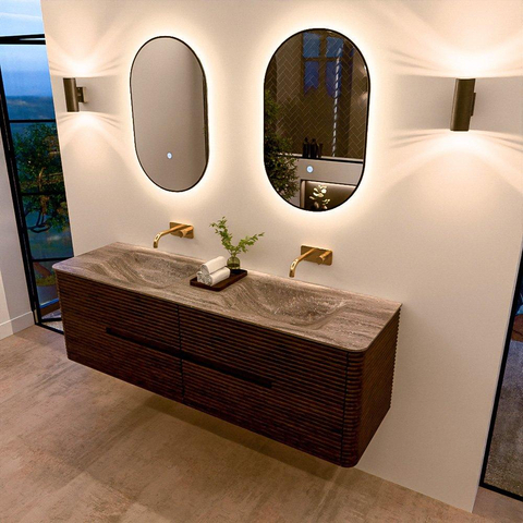 Mondiaz CIRO-DLUX Badkamermeubelset - 160x45x50cm - Solid surface wastafel Oza - 2 wasbak Dubbel - zonder kraangaten - 4 lades - Walnut SW1530638