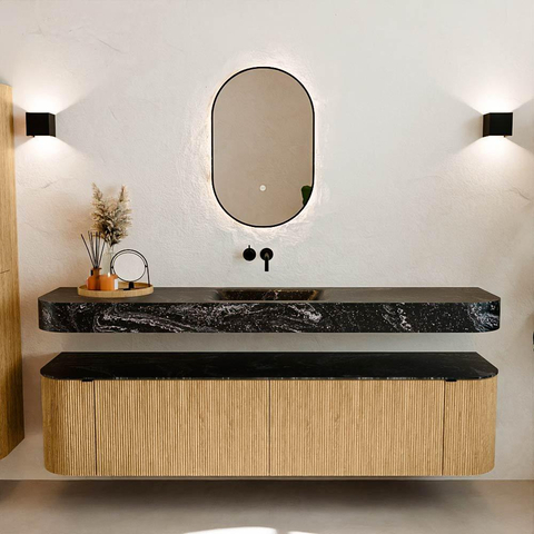 MONDIAZ THOR-DLUX Meuble de salle de bains - 190cm - arrondi gauche + droite - couleur Oak - 2 tiroirs - 2 portes - Vasque suspendue CLOUD Milieu sans trou de robinet - couleur Lava SW1466366