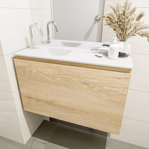 MONDIAZ OLAN Toiletmeubel 80x30x40cm met 1 kraangaten 1 lades washed oak mat Wastafel Lex links Solid Surface Wit SW473455
