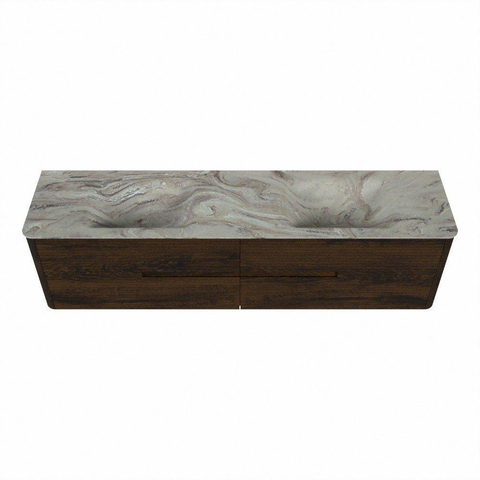 Mondiaz CIRO-DLUX Meuble de salle de bains - 190x45x50cm - Plan vasque solid surface Glace - 2 vasques double - 2 trous de robinetterie - 4 tiroirs - Noyer SW1530128