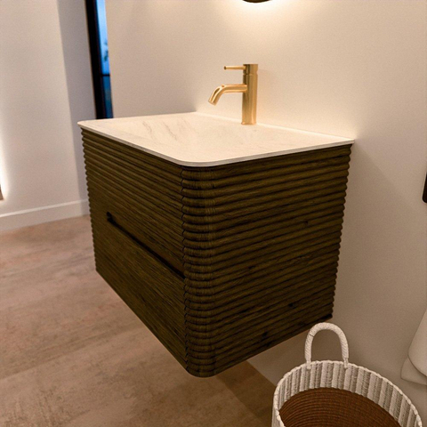Mondiaz CIRO-DLUX Badkamermeubelset - 70x45x50cm - Solid surface wastafel Opalo - 1 wasbak Midden - 1 kraangat - 2 lades - Shadow SW1532505