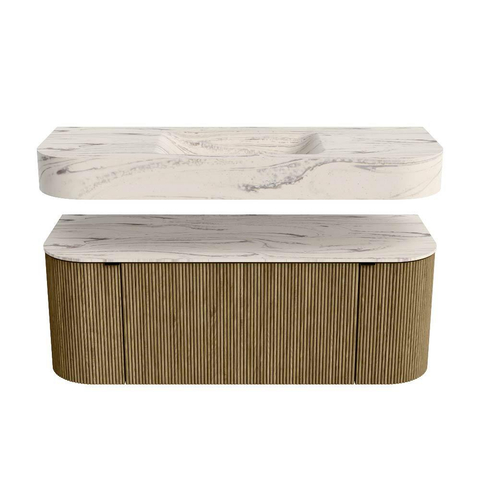 MONDIAZ THOR-DLUX Meuble de salle de bains 120cm arrondi gauche + droite couleur Dusk avec 1 tiroir et 2 portes. Vasque suspendue CLOUD Milieu 1 trou de robinet couleur Nata. SW1463403