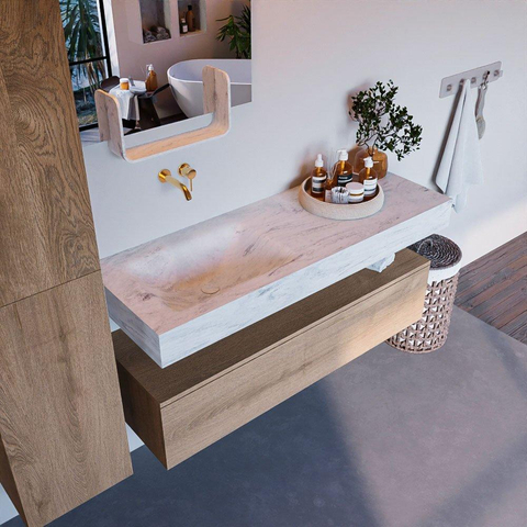 Mondiaz ALAN-DLUX Ensemble de meuble - 130cm - meuble Washed Oak mat - 1 tiroir - Lavabo Cloud Opalo suspendu - vasque Gauche - 0 trous de robinet SW808842