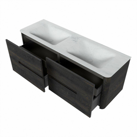 Mondiaz CIRO-DLUX Meuble de salle de bains - 140x45x50cm - Plan vasque solid surface Opalo - 2 vasques double - 2 perçages de robinet - 4 tiroirs - Shadow SW1532406