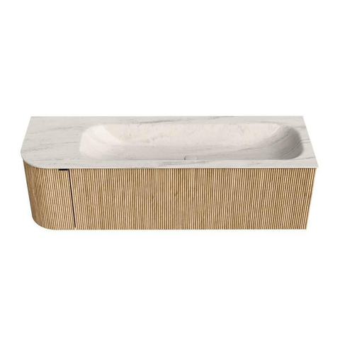 MONDIAZ KURVE-DLUX Meuble de salle de bains 145cm arrondi gauche couleur chêne avec 1 tiroir et 1 porte. Lavabo BIG LARGE droite 1 trou de robinet Meli. SW1431631